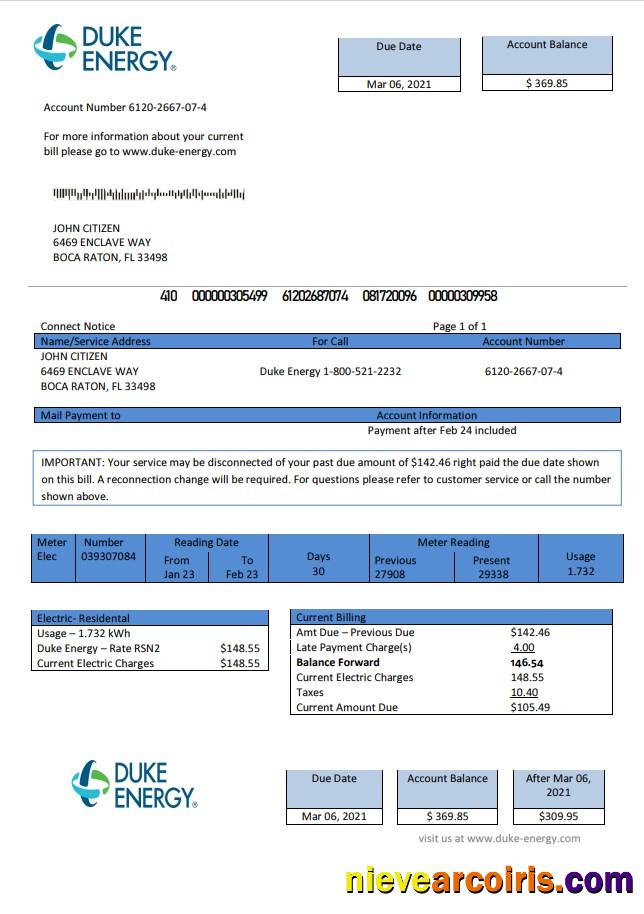 USA North Carolina Duke Energy utility bill